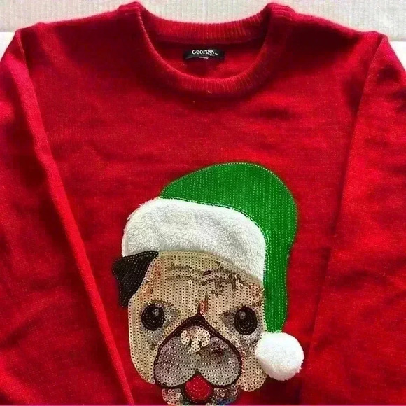 George Plus 1X Womens Ugly Christmas Sweater Sequin Pug Festive Crew  Neck Red - Picture 7 of 10
